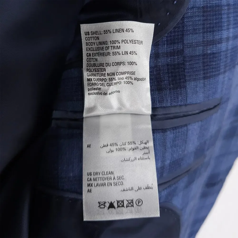 Bar III Mens Slim Fit Sport Coat Blazer 46R Blue Plaid Linen Cotton Blend NWT
